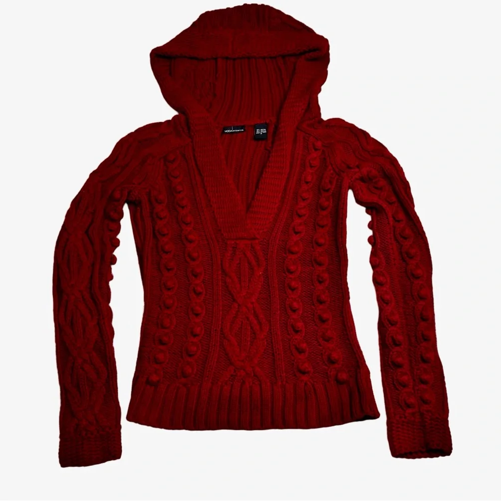 Moda International Red Cable Knit Hooded Sweater Small V Neck Pullover Vintage - Picture 3 of 8